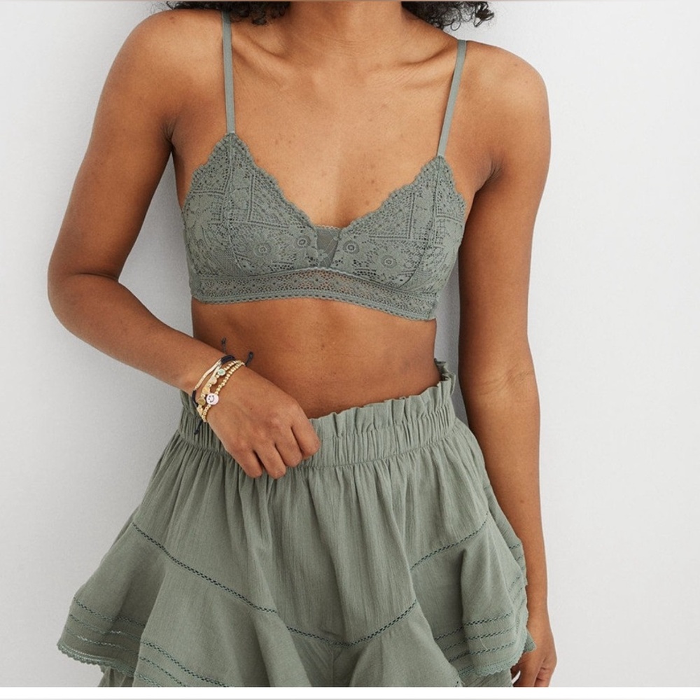 Aerie Picnic Lace Olive Green Unlined Wireless Non Padded Triangle Bralette‎ XL